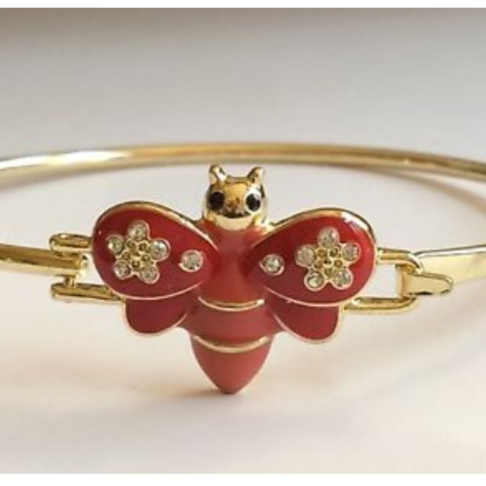 Gold Bumble Bee Bangle Charm Bracelet Red 8"